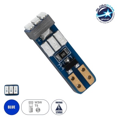 GloboStar® T5 81471 Λάμπα Αυτοκινήτου LED 9xSMD3014 0.25W 25lm 360° DC 12-16V IP20 Μ0.5 x Π0.4 x Υ1.8cm Μπλε