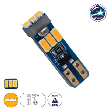 GloboStar® T5 81472 Λάμπα Αυτοκινήτου LED 9xSMD3014 0.25W 25lm 360° DC 12-16V IP20 Μ0.5 x Π0.4 x Υ1.8cm Πορτοκαλί