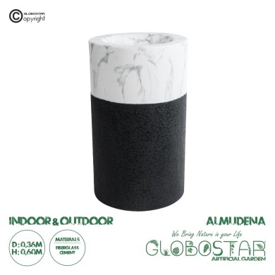GloboStar® Artificial Garden ALMUDENA 20769 Επιδαπέδιο Πολυεστερικό Τσιμεντένιο Κασπώ Γλάστρα - Flower Pot Μαύρο με Λευκό Φ36 x Υ60cm