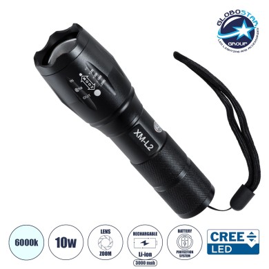GLOBOSTAR® HANDLAMP 79041 Φακός Χειρός LED 10W 1000lm 5~60° DC 5V με Επαναφορτιζόμενη Μπαταρία Li-ion 3.7V 1x18650 3000mAh IP20 Ψυχρό Λευκό 6000K - CREE XML2-T6 Chip - Μ13.5 x Π4 x Υ4cm - 1 Χρόνο Εγγύηση