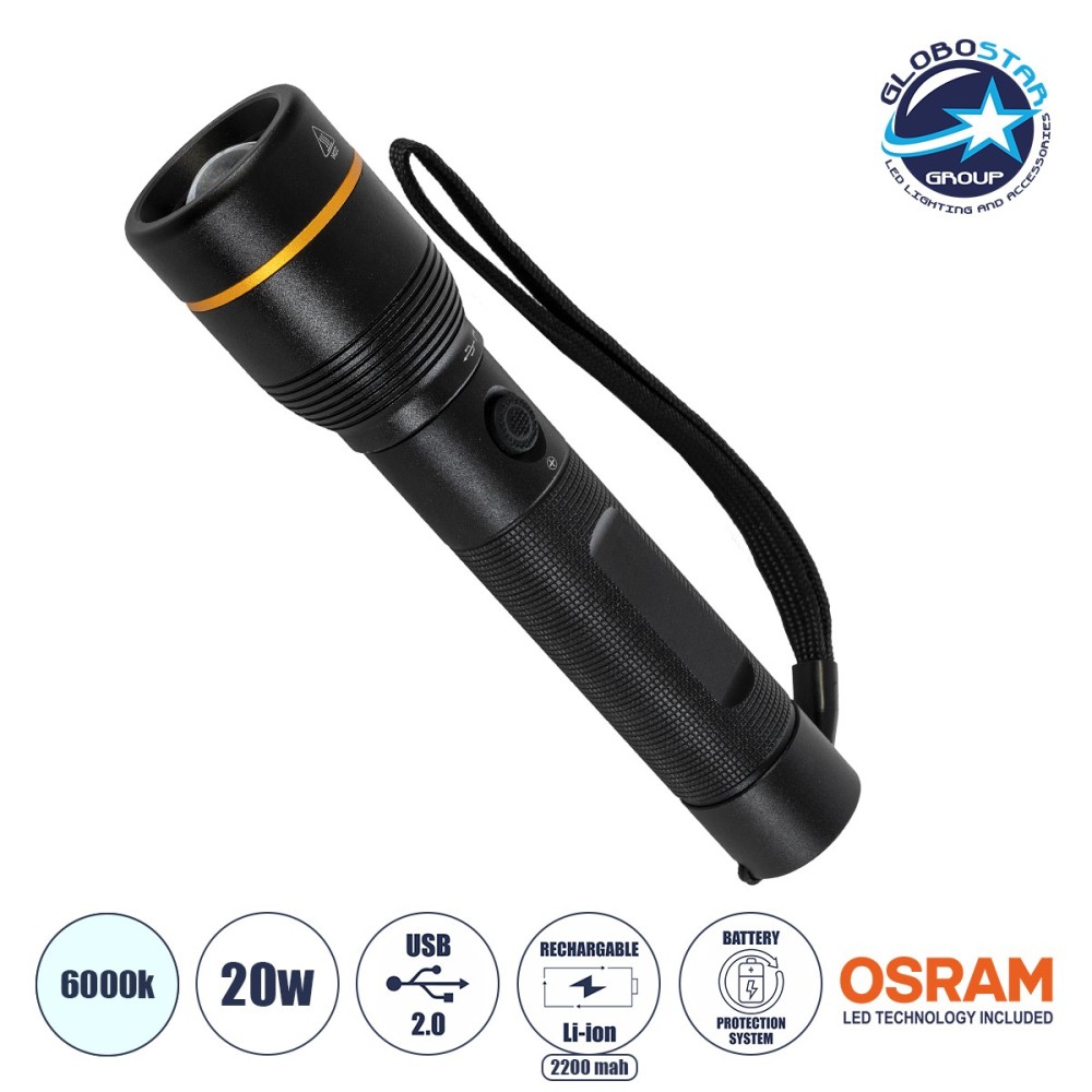 GloboStar® 69937 Φορητός Φακός Χειρός LED Osram 20W με Επαναφορτιζόμενη Μπαταρία 2200mAh & Καλώδιο Φόρτισης USB - Ψυχρό Λευκό 6000K - Φ3.5 x Υ15cm