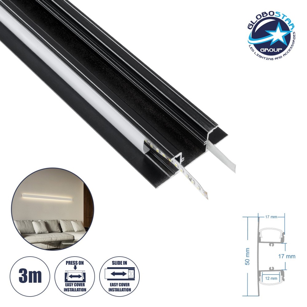 GLOBOSTAR® ALP-WALL-UPDOWN CONCEALED 70845-3M Επιφανειακό Προφίλ Αλουμινίου Ειδικό για Δημιουργία Κρυφού Φωτισμού Up & Down με Λευκό Γαλακτερό Πατητό Κάλυμμα για Ταινίες LED IP20 - Μαύρο & Λευκό - Μ300 x Π5 x Υ1.7cm