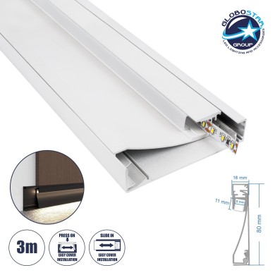 GloboStar® SKIRTINGBOARD-PROFILE 70851-3M Προφίλ Αλουμινίου - Βάση & Ψύκτρα Ταινίας LED με Λευκό Γαλακτερό Κάλυμμα - Επιφανειακή Χρήση για Περβάζι - Πατητό Κάλυμμα - Λευκό - 3 Μέτρα - Μ300 x Π1.6 x Υ8cm