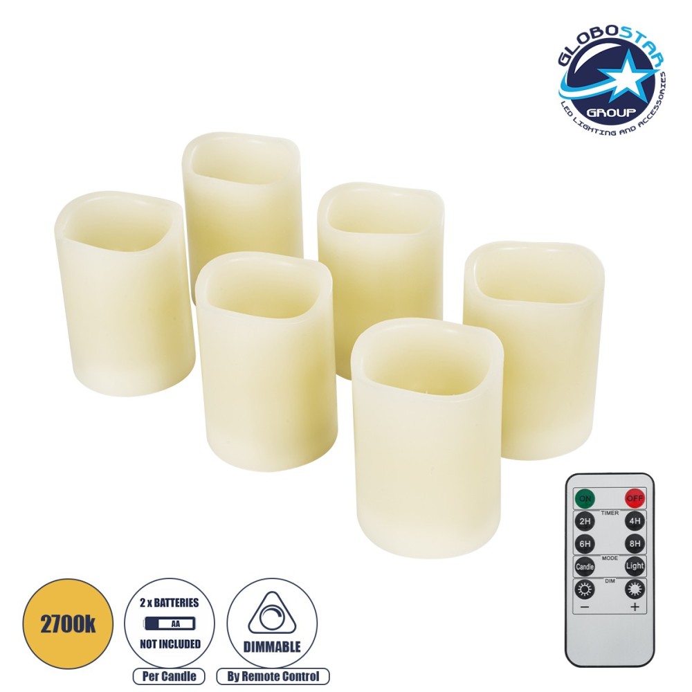 GloboStar® WISHFULL 79566 ΣΕΤ 6 Διακοσμητικών Realistic Κεριών Παραφίνης με LED Εφέ Κινούμενης Φλόγας - Μπαταρίας & Ασύρματο Χειριστήριο IR Σχέδιο Λιωμένο Κερί Θερμό Λευκό 2700K Dimmable
