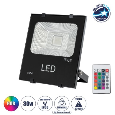 GLOBOSTAR® RGBFLOOD 75601 Προβολέας με IR Ασύρματο Χειριστήριο LED 30W 1950lm 120° AC 220-240V Αδιάβροχο IP66 Πολύχρωμο RGB Dimmable - Μαύρο Ματ - Μ17 x Π4.5 x Υ20cm - 2 Χρόνια Εγγύηση