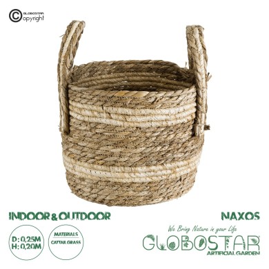 GloboStar® Artificial Garden NAXOS 20332 Διακοσμητικό Πλεκτό Καλάθι - Κασπώ Γλάστρα - Flower Pot Μπεζ με Καφέ Φ25cm x Υ20cm