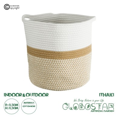 GloboStar® Artificial Garden ITHAKI 20325 Διακοσμητικό Πλεκτό Καλάθι - Κασπώ Γλάστρα - Flower Pot Μπεζ με Λευκό Φ30 x Υ30cm
