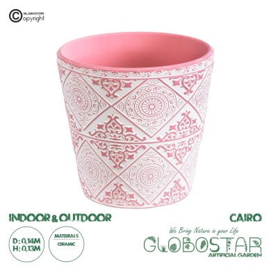 GloboStar® Artificial Garden CAIRO 20516 Διακοσμητικό Κεραμικό Κασπώ Γλάστρα - Flower Pot Λευκό με Ροζ Φ14 x Υ13cm