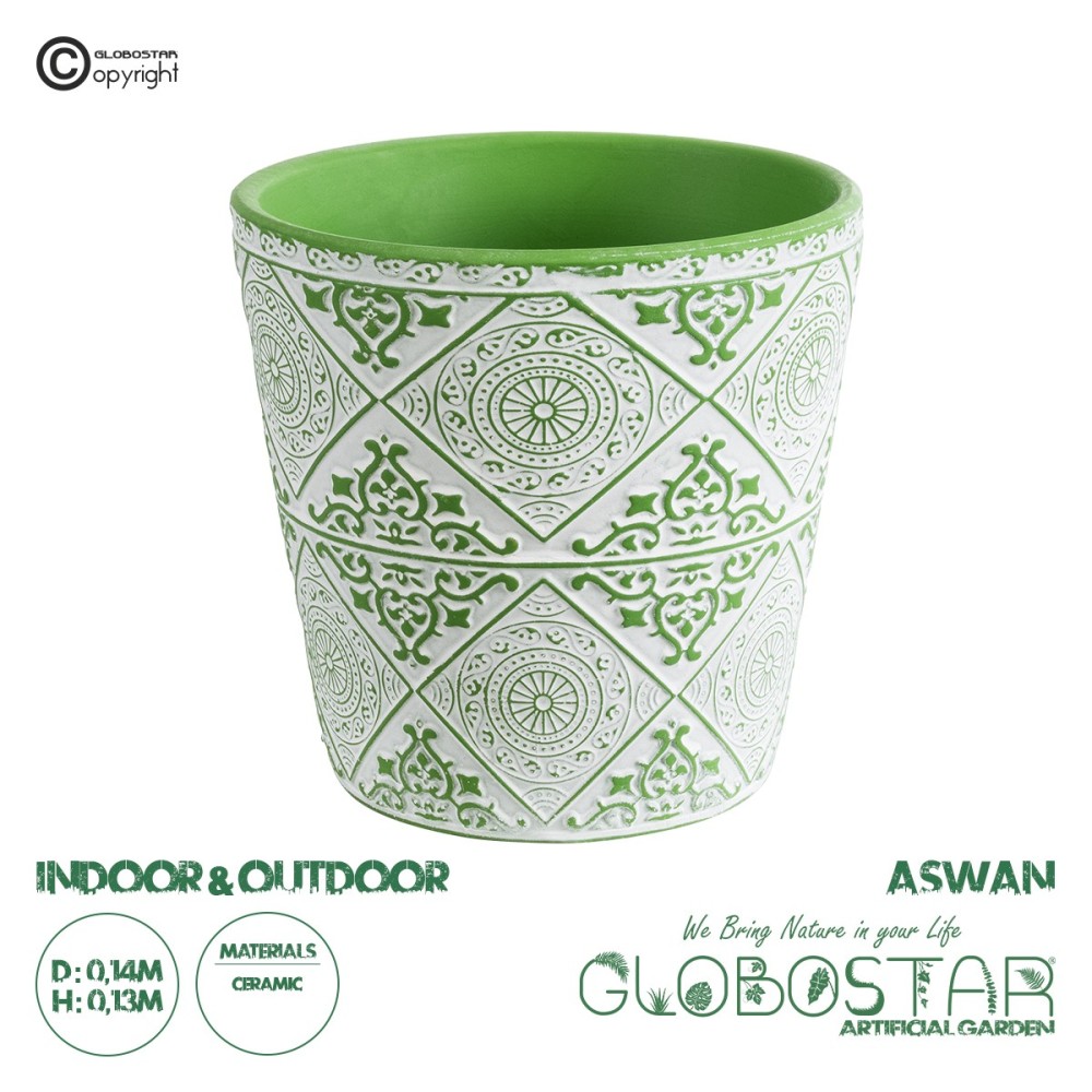 GloboStar® Artificial Garden ASWAN 20515 Διακοσμητικό Κεραμικό Κασπώ Γλάστρα - Flower Pot Λευκό με Πράσινο Φ14 x Υ13cm