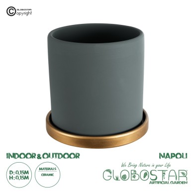 GloboStar® Artificial Garden NAPOLI 20494 Διακοσμητικό Κεραμικό Κασπώ Γλάστρα - Flower Pot Γκρι Πράσινο με Χρυσό Φ15 x Υ15cm