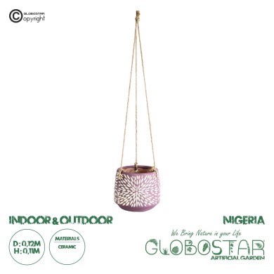 GloboStar® Artificial Garden NIGERIA 20529 Κρεμαστό Διακοσμητικό Κεραμικό Κασπώ Γλάστρα - Flower Pot Μωβ με Λευκό Φ12 x Υ11cm
