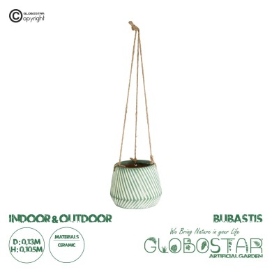 GloboStar® Artificial Garden BUBASTIS 20527 Κρεμαστό Διακοσμητικό Κεραμικό Κασπώ Γλάστρα - Flower Pot Λευκό με Πράσινο Φ13 x Υ10.5cm
