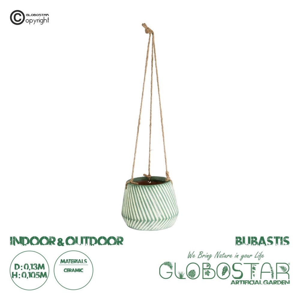 GloboStar® Artificial Garden BUBASTIS 20527 Κρεμαστό Διακοσμητικό Κεραμικό Κασπώ Γλάστρα - Flower Pot Λευκό με Πράσινο Φ13 x Υ10.5cm