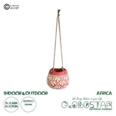 GloboStar® Artificial Garden AFRICA 20530 Κρεμαστό Διακοσμητικό Κεραμικό Κασπώ Γλάστρα - Flower Pot Κόκκινο με Μπεζ Φ14 x Υ11.5cm