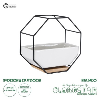 GloboStar® Artificial Garden BIANCO 20557 Διακοσμητικό Κεραμικό Κασπώ Γλάστρα - Flower Pot Λευκό με Μαύρο Μεταλλικό Πλέγμα και Καφέ Ξύλινη Βάση Μ18 x Π10 x Υ18cm