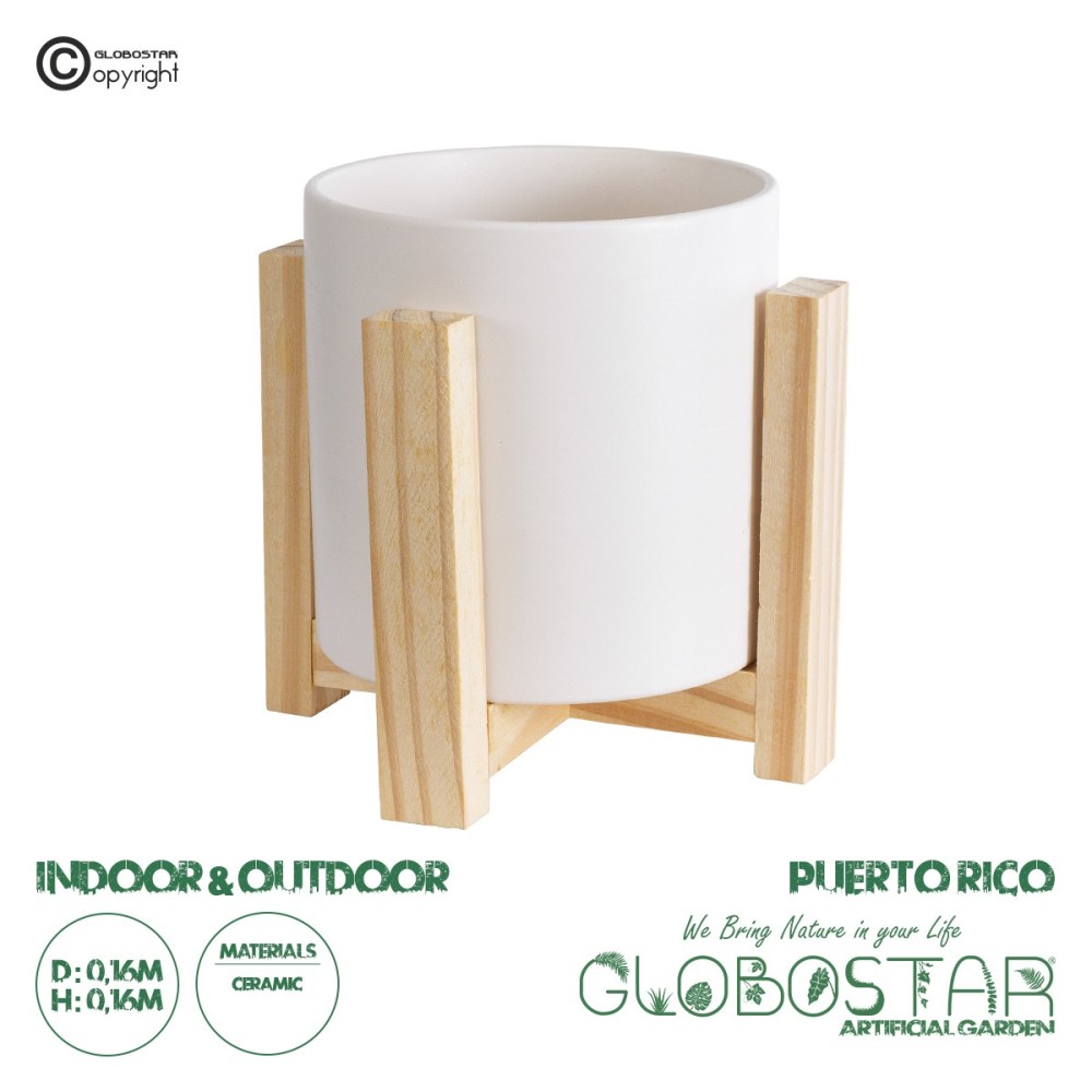 GloboStar® Artificial Garden PUERTO RICO 20542 Διακοσμητικό Κεραμικό Κασπώ Γλάστρα - Flower Pot Λευκό με Μπεζ Ξύλο Φ16 x Υ16cm