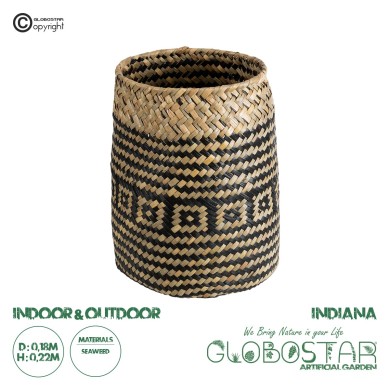 GloboStar® Artificial Garden INDIANA 20584 Διακοσμητικό Πλεκτό Καλάθι - Κασπώ Γλάστρα - Flower Pot Καφέ με Μαύρο Φ18 x Υ22cm