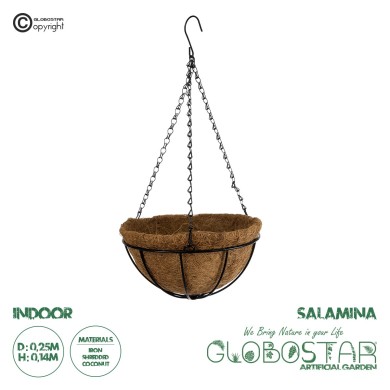 GloboStar® Artificial Garden SALAMINA 20560 Κρεμαστό Διακοσμητικό Κασπώ Γλάστρα - Flower Pot από Φλοιό Καρύδας Καφέ με Μαύρη Μεταλλική Βάση Φ25 x Υ14cm
