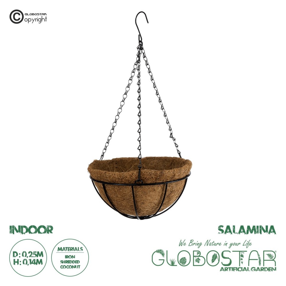 GloboStar® Artificial Garden SALAMINA 20560 Κρεμαστό Διακοσμητικό Κασπώ Γλάστρα - Flower Pot από Φλοιό Καρύδας Καφέ με Μαύρη Μεταλλική Βάση Φ25 x Υ14cm