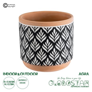 GloboStar® Artificial Garden AGRA 20522 Διακοσμητικό Κεραμικό Κασπώ Γλάστρα - Flower Pot Μαύρο με Λευκό και Μπεζ Φ14.5 x Υ13cm