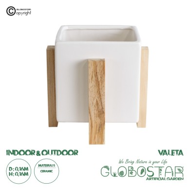 GloboStar® Artificial Garden VALETA 20541 Διακοσμητικό Κεραμικό Κασπώ Γλάστρα - Flower Pot Λευκό με Μπεζ Ξύλο Φ16 x Υ16cm