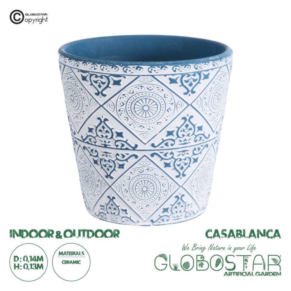 GloboStar® Artificial Garden CASABLANCA 20517 Διακοσμητικό Κεραμικό Κασπώ Γλάστρα - Flower Pot Λευκό με Μπλε Φ14 x Υ13cm