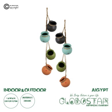 GloboStar® Artificial Garden AIGYPT 20531 ΣΕΤ 2 Κρεμαστά Διακοσμητικά Κεραμικά Κασπώ Γλάστρες - Flower Pots Μαύρό με Γαλάζιο και Πράσινο με Πορτοκαλί Μ18 x Π10 x Υ70cm