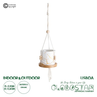 GloboStar® Artificial Garden USBOA 20545 Κρεμαστό Διακοσμητικό Κεραμικό Κασπώ Γλάστρα - Flower Pot Λευκό με Χρυσές Λεπτομέρειες και Μπεζ Ξύλινη Βάση Φ10 x Υ40cm