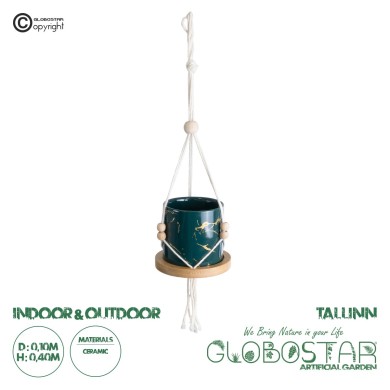 GloboStar® Artificial Garden TALLINN 20546 Κρεμαστό Διακοσμητικό Κεραμικό Κασπώ Γλάστρα - Flower Pot Πράσινο με Χρυσές Λεπτομέρειες και Μπεζ Ξύλινη Βάση Φ10 x Υ40cm