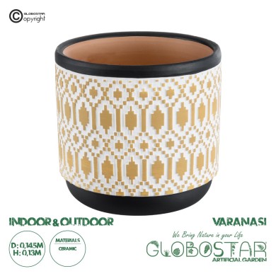 GloboStar® Artificial Garden VARANASI 20524 Διακοσμητικό Κεραμικό Κασπώ Γλάστρα - Flower Pot Χρυσό με Λευκό και Μαύρο Φ14.5 x Υ13cm