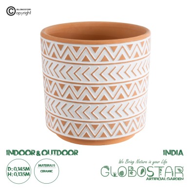 GloboStar® Artificial Garden INDIA 20497 Διακοσμητικό Κεραμικό Κασπώ Γλάστρα - Flower Pot Λευκό με Πορτοκαλί Φ14.5 x Υ13.5cm