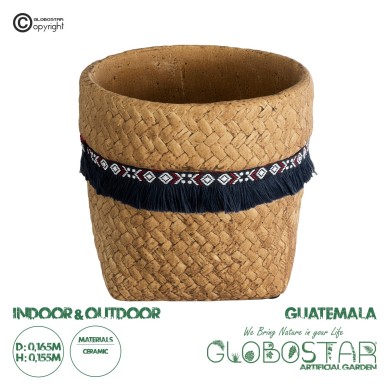 GloboStar® Artificial Garden GUATEMALA 20503 Διακοσμητικό Κεραμικό Κασπώ Γλάστρα - Flower Pot Καφέ με Μπλε Υφασμάτινη Κορδέλα και Λευκές - Κόκκινες Λεπτομέρειες Φ16.5 x Υ15.5cm