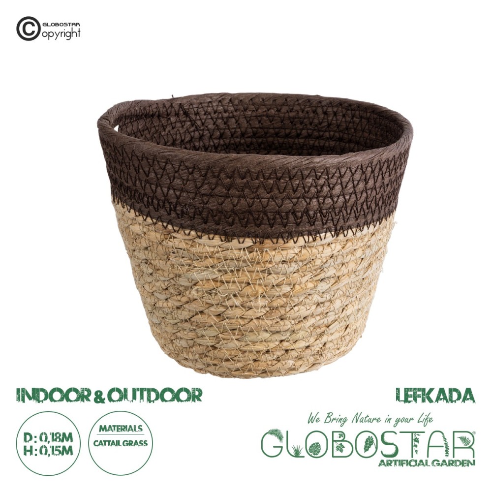 GloboStar® Artificial Garden LEFKADA 20574 Διακοσμητικό Πλεκτό Κασπώ Γλάστρα - Flower Pot Μπεζ με Καφέ Φ18 x Υ15cm