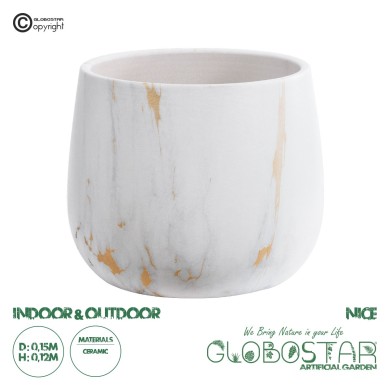 GloboStar® Artificial Garden NICE 20550 Διακοσμητικό Κεραμικό Κασπώ Γλάστρα - Flower Pot Λευκό με Χρυσές Λεπτομέρειες Φ15 x Υ12cm