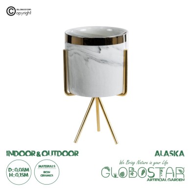 GloboStar® Artificial Garden ALASKA 20565 Διακοσμητικό Κεραμικό Κασπώ Γλάστρα - Flower Pot Λευκό με Χρυσή Μεταλλική Βάση και Μαύρες Λεπτομέρειες Φ8 x Υ15cm