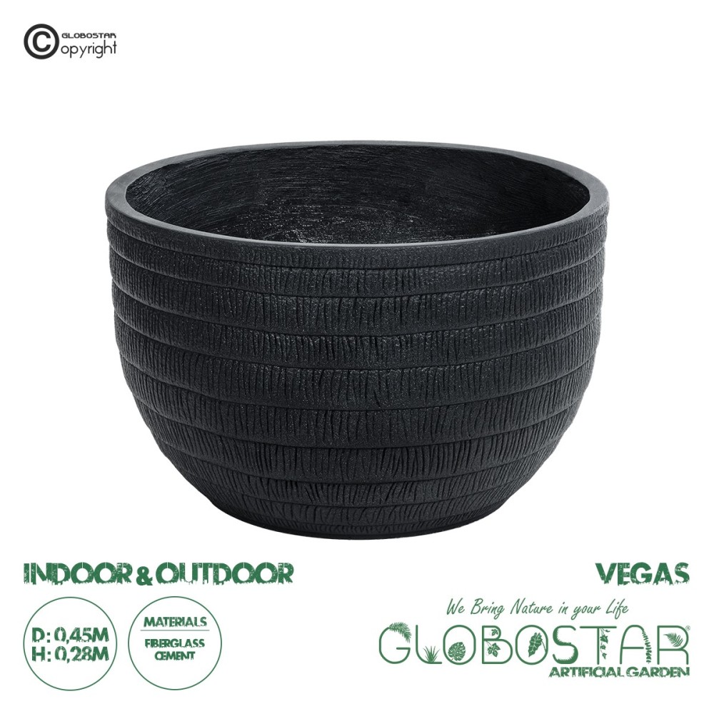 GloboStar® Artificial Garden VEGAS 20702 Διακοσμητικό Πολυεστερικό Τσιμεντένιο Κασπώ Γλάστρα - Flower Pot Μαύρο Φ45 x Υ28cm