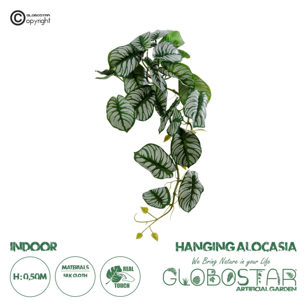 GloboStar® Artificial Garden HANGING ALOCASIA 20601 Τεχνητό Διακοσμητικό Κρεμαστό Φυτό Αλοκάσια Μ28 x Π27 x Υ50cm