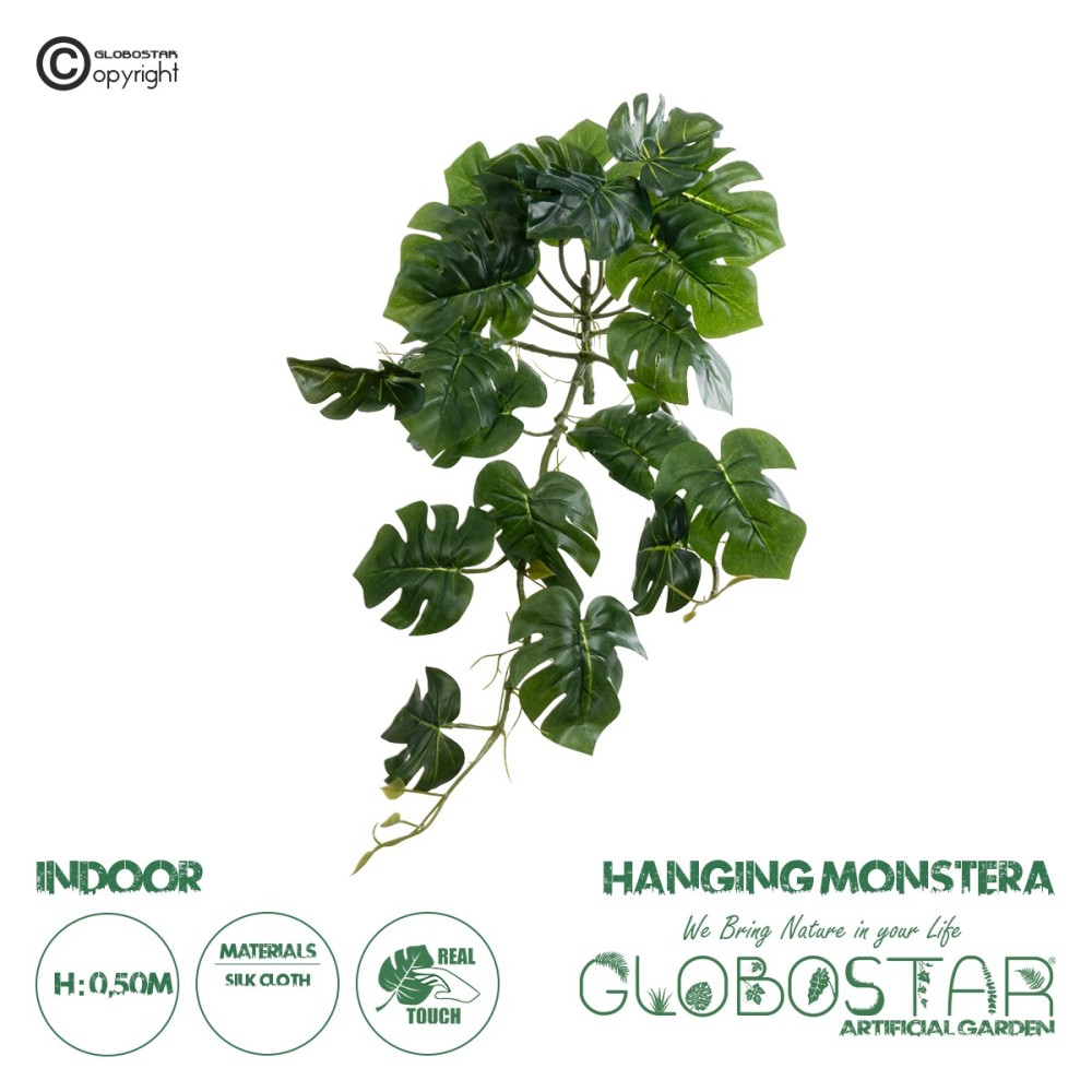 GloboStar® Artificial Garden HANGING MONSTERA 20600 - Τεχνητό Διακοσμητικό Κρεμαστό Φυτό Μονστέρα Μ28 x Π30 x Υ50cm