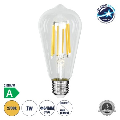 GLOBOSTAR® PEAR 99090 Λάμπα E27 ST64 LED 7W 1470lm 360° AC 220-240V IP20 Θερμό Λευκό 2700K - Long Filament Chip - Διάφανο - Μ6.4 x Π6.4 x Υ14.5cm - 3 Χρόνια Εγγύηση