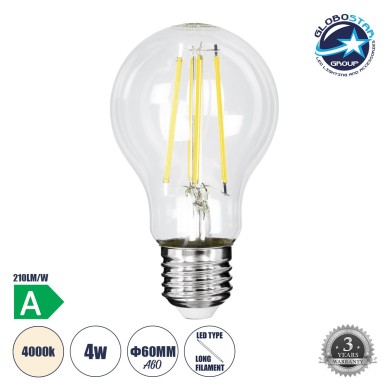 GLOBOSTAR® GLOBE 99091 Λάμπα E27 A60 LED 4W 840lm 360° AC 220-240V IP20 Φυσικό Λευκό 4500K - Long Filament Chip - Διάφανο - Μ6 x Π6 x Υ11cm - 3 Χρόνια Εγγύηση