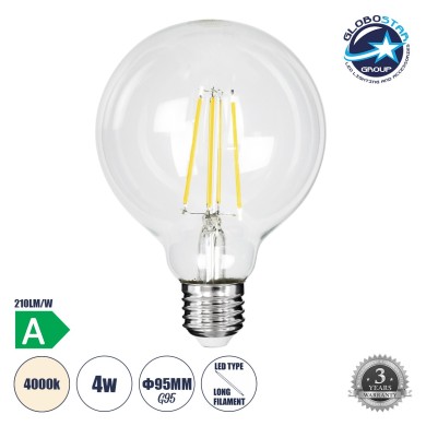 GLOBOSTAR® BUBBLE 99092 Λάμπα E27 G95 LED 4W 840lm 360° AC 220-240V IP20 Φυσικό Λευκό 4500K - Filament Chip - Διάφανο - Μ9.5 x Π9.5 x Υ13.8cm - 3 Χρόνια Εγγύηση