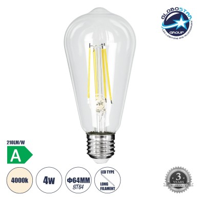 GLOBOSTAR® PEAR 99094 Λάμπα E27 ST64 LED 4W 840lm 360° AC 220-240V IP20 Φυσικό Λευκό 4500K - Long Filament Chip - Διάφανο - Μ6.4 x Π6.4 x Υ14.5cm - 3 Χρόνια Εγγύηση