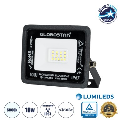 GLOBOSTAR® ATLAS 61515 Προβολέας LED 10W 1250lm 120° AC 220-240V Αδιάβροχο IP67 Ψυχρό Λευκό 6000K - Lumileds SMD Chip - TÜV Rheinland Certified - Μαύρο Ματ - Μ10 x Π2. x Υ8cm - 5 Χρόνια Εγγύηση