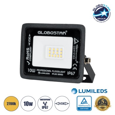 GLOBOSTAR® ATLAS 61517 Προβολέας LED 10W 1150lm 120° AC 220-240V Αδιάβροχο IP67 Θερμό Λευκό 2700K - Lumileds SMD Chip - TÜV Rheinland Certified - Μαύρο Ματ - Μ10 x Π2 x Υ8cm - 5 Χρόνια Εγγύηση