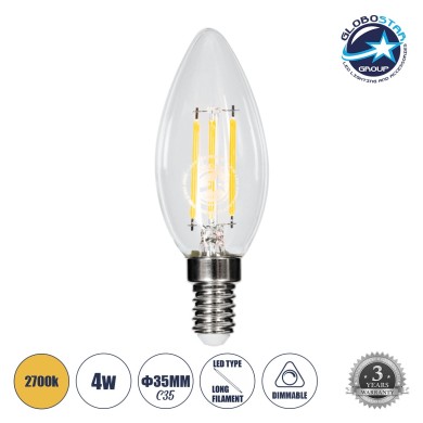 GLOBOSTAR® CANDLE 99001 Λάμπα Κεράκι E14 C35 LED 4W 400lm 360° AC 220-240V IP20 Θερμό Λευκό 2700K Dimmable - Long Filament Chip - Διάφανο - Μ3.5 x Π3.5 x Υ10.5cm - 3 Χρόνια Εγγύηση