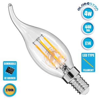 GLOBOSTAR® CANDLE 99002 Λάμπα Κεράκι E14 C35T LED 4W 440lm 360° AC 220-240V IP20 Θερμό Λευκό 2700K Dimmable - Filament Chip - Διάφανο - Μ3.5 x Π3.5 x Υ12cm - 3 Χρόνια Εγγύηση