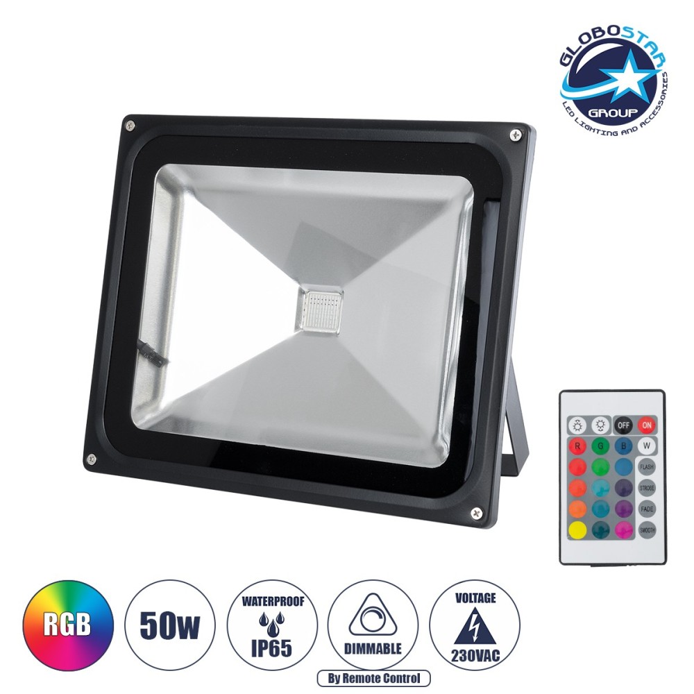 GLOBOSTAR® RGBFLOOD 75602 Προβολέας με IR Ασύρματο Χειριστήριο LED 50W 3250lm 120° AC 220-240V Αδιάβροχο IP66 Πολύχρωμο RGB Dimmable - Μαύρο Ματ - Μ28.5 x Π23.5 x Υ10cm - 2 Χρόνια Εγγύηση
