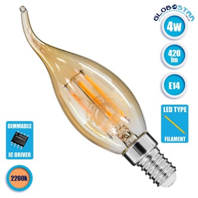 GLOBOSTAR® CANDLE 99032 Λάμπα Κεράκι E14 C35T LED 4W 420lm 360° AC 220-240V IP20 Ultra Θερμό Λευκό 2200K Dimmable - Filament Chip - Μελί - Μ3.5 x Π3.5 x Υ12cm - 3 Χρόνια Εγγύηση