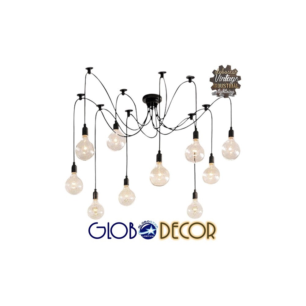 GLOBOSTAR® WIRED 01173 Vintage Κρεμαστό Φωτιστικό Οροφής με Ντουί 10 x E27 AC 220-240V IP20 - Μαύρο - Μ200 x Π200 x Υ100cm