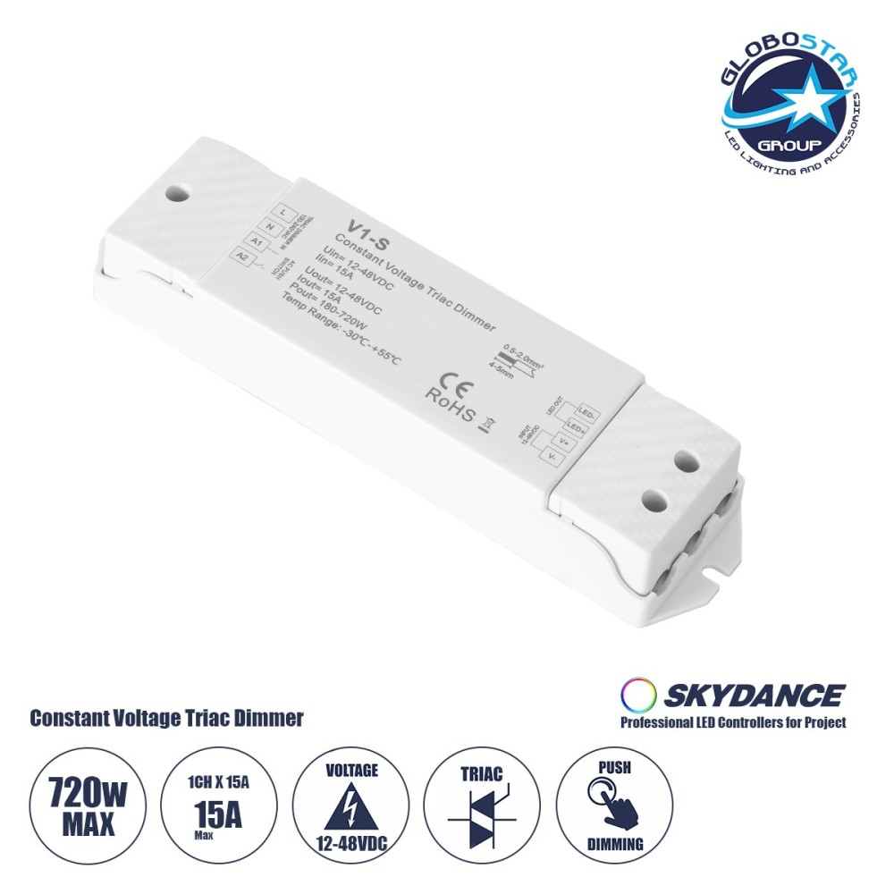 GloboStar® 73127 V1-S SKYDANCE AC Triac Dimmer Push Dimming 1 Κανάλι DC 12-48V 1 x 15A 720W - Max 15A 720W - IP20  Μ17.5 x Π4.5 x Υ2.5cm - 5 Χρόνια Εγγύηση